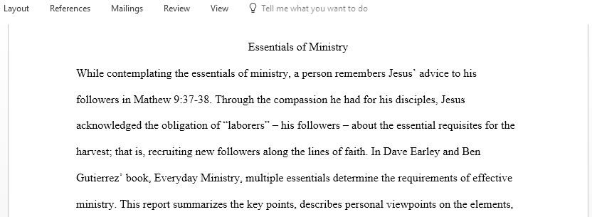 Write a paper summarizing the Essentials of Ministry as defined by Early and Gutierrez