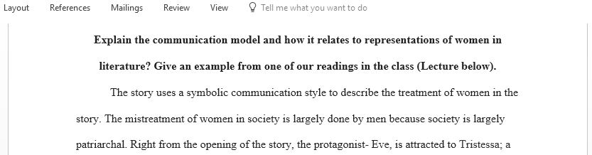 Explain the communication model and how it relates to representations of women in literature