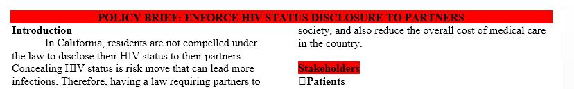 Policy brief for HIV status disclosure to partners