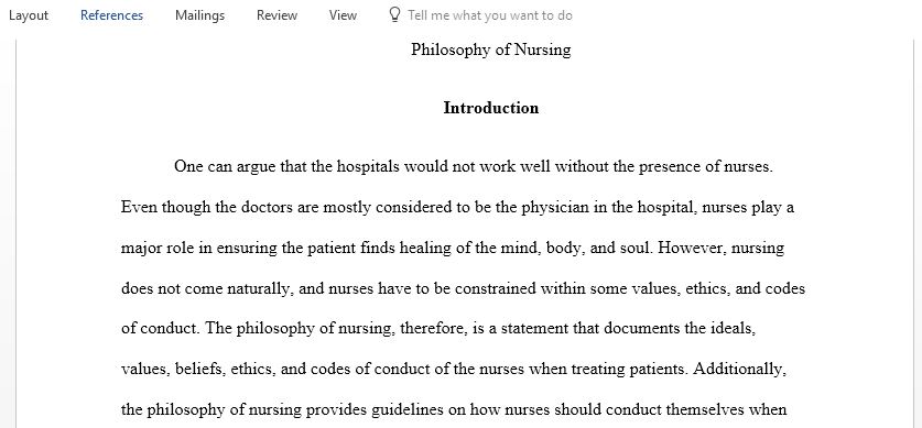 Submit a paper discussing the values and philosophy of nursing as well as nursing as a profession