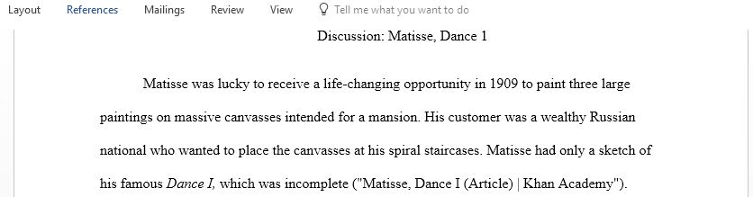 Summarize the information in the essay by Dr Beth Harris and Dr Steven Zucker on the painting of Matisse Dance 1