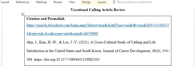 Vocational Calling Journal Article Assignment