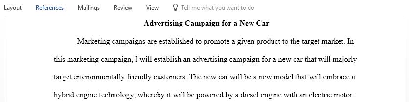 Write a paper that briefly describes the advertising campaign for a new car