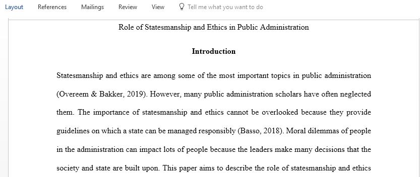 Write a research paper focusing on the role of statesmanship and ethics in public administration