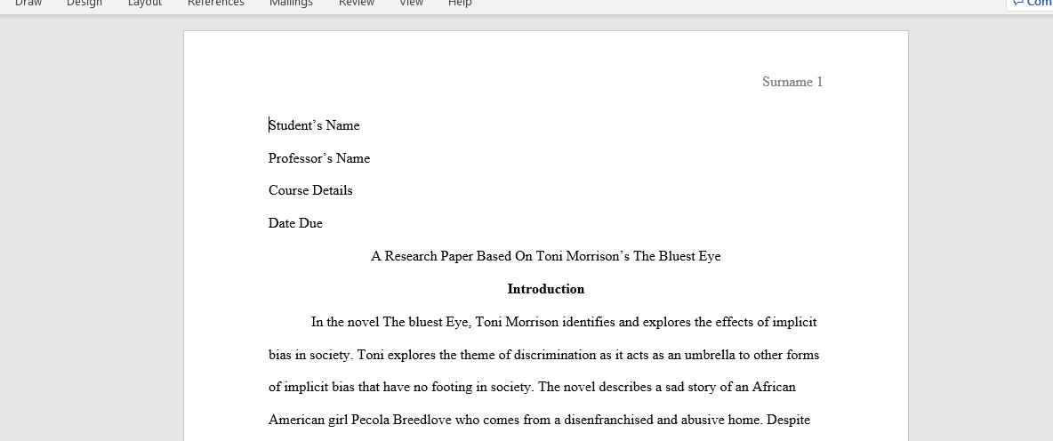 A Research Paper Based On Toni Morrison’s The Bluest Eye