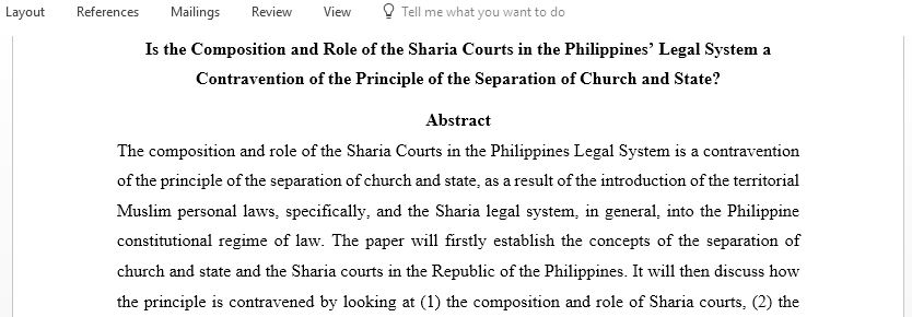 Is the Composition and Role of the Sharia Courts in the Philippines Legal System a Contravention of the Principle of the Separation of Church and State