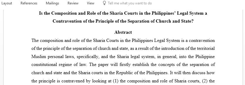 Is the Composition and Role of the Sharia Courts in the Philippines Legal System a Contravention of the Principle of the Separation of Church and State