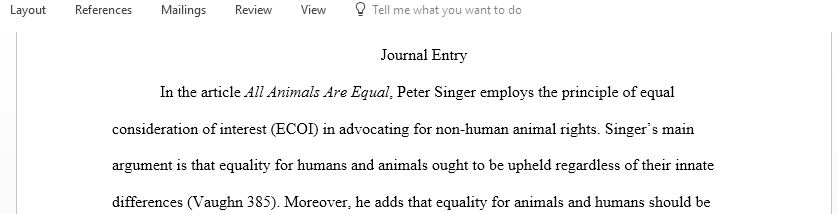 Write a summary of Peter Singer’s All Animals are Equal