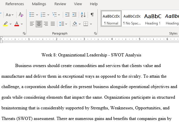 Week 8 Organizational Leadership -  Strengths Weaknesses Opportunities and Threats Analysis