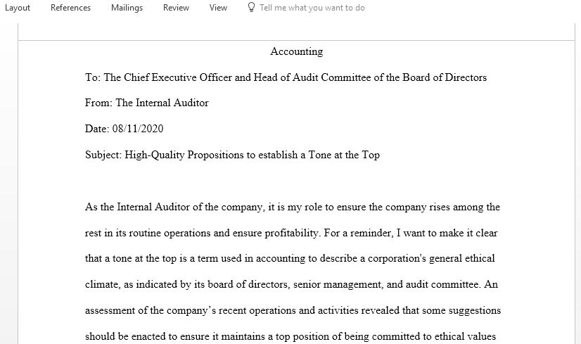 Identify three high quality prepositions that management can implement to establish a tone at the top that conveys a commitment 10 integrity and ethical values