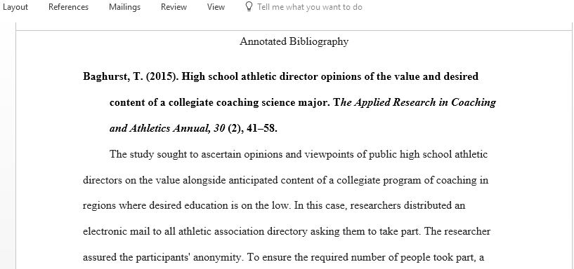 Prepare an annotated bibliography on a sport or recreation management topic of interest related to practitioner research and professional development