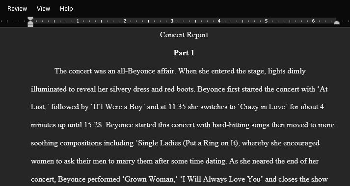 Write a report about the Beyonce concert performance following guidelines in the Guide to Writing a Concert Report for Pop Music and standards listed in the Concert