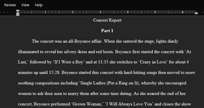 Write a report about the Beyonce concert performance following guidelines in the Guide to Writing a Concert Report for Pop Music and standards listed in the Concert