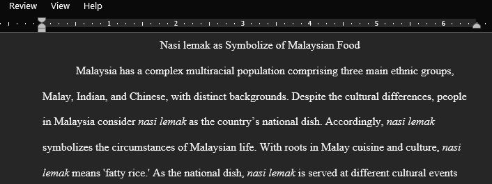 An essay  on nasi lemak as a symbol of Malaysian food